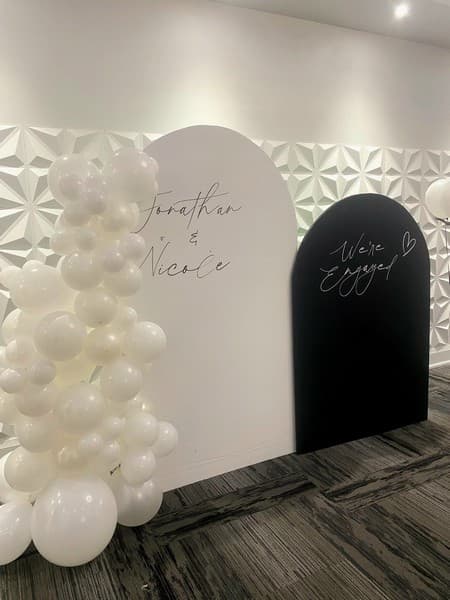 Enagagment party ballon setup white and black themed
