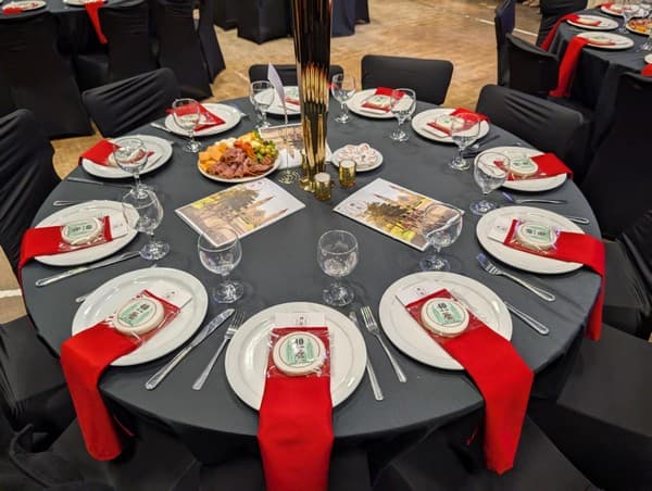 40th birthday birthday table setup red and gold themed